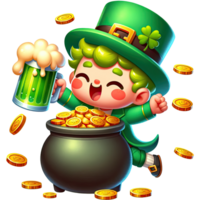 AI generated Leprechaun cute cartoon character 3D with a pot of Gold. png