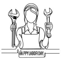 AI generated hand holding spanner wrench, Happy Labour Day Continuous one line draw design vector graphic illustration with black outline drawing Labor Day icon