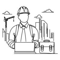 AI generated Happy Labour Day worker man wearing hard hat continuous one line draw design  black outline drawing Labor Day icon concept sketch of the workers doodle style vector