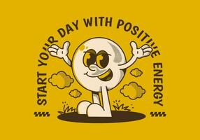 Start your day with positive energy. Ball head character with hands up and happy expression vector