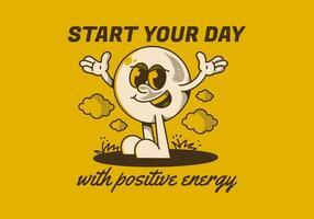 Start your day with positive energy. Ball head character with hands up and happy expression vector