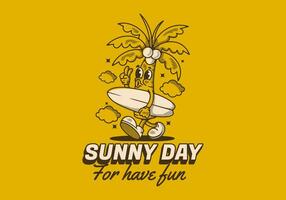 Sunny day for have fun. Mascot character illustration of coconut tree holding a surfing board vector