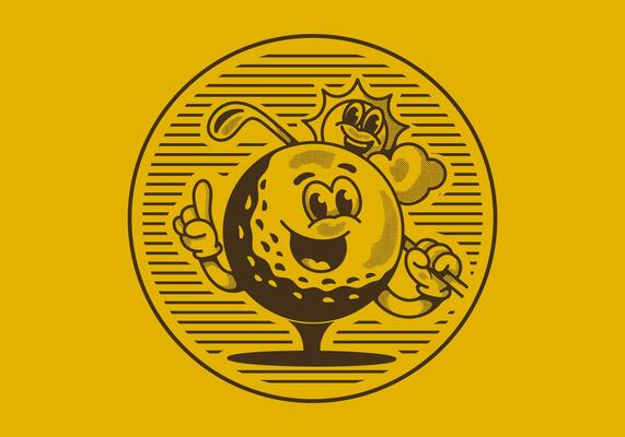 I'd rather be golfing. Vintage character illustration of a golf ball holding a golf stick