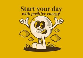 Start your day with positive energy. Ball head character with hands up and happy expression vector