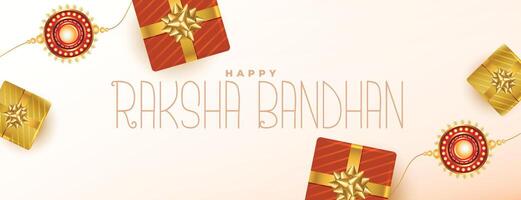 ethnic raksha bandhan festival banner with gift boxes and rakhi design vector