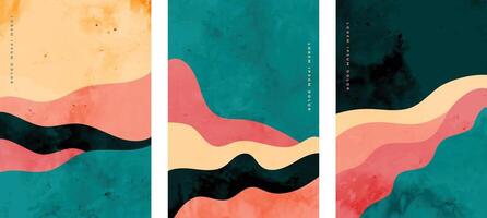 hand painted abstract minimal curve lines flyer background set vector