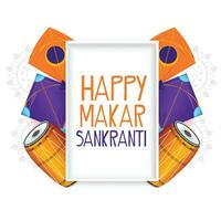 indian makar sankranti festival greeting with kite and drum vector