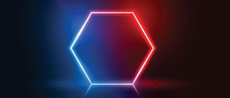 hexagonal neon frame in blue and red color vector