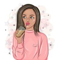 Fashionable girl drinking a cocktail from a tube in a pink sweatshirt vector illustration