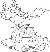 Outlined Cute Chinese Dragon Cartoon Character With Egg. Vector Hand Drawn Illustration