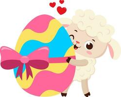 Cute Little Sheep Cartoon Character Showing A Easter Egg. Vector Illustration Flat Design