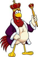 pollo gallo Rey dibujos animados personaje con dorado corona y cetro. vector mano dibujado ilustración