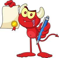 Cute Little Red Devil Cartoon Character Holds Up A Contract. Vector Hand Drawn Illustration