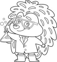 Outlined Hedgehog Science Professor Cartoon Character Holding Flask Solvent. Vector Hand Drawn Illustration