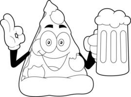 Outlined Happy Pizza Slice Cartoon Character Holding A Beer Glass vector