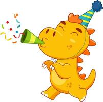 Happy Birthday Dinosaur Cartoon Character At A Party. Vector Illustration Flat Design