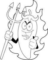 Outlined Devil Hot Chili Pepper Cartoon Character. Vector Hand Drawn Illustration