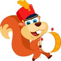 Cute Squirrel Drummer Cartoon Character With Drum And Drumsticks Walking On Parade vector