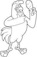 Outlined Cute Chicken Rooster Cartoon Character Holding Fried Leg And Giving The Thumbs Up. Vector Hand Drawn Illustration