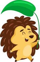 Happy Hedgehog Cartoon Character Running Holds A Plant Leaf. Vector Illustration Flat Design