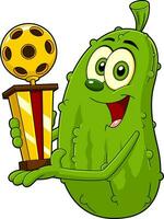 Happy Pickle Cartoon Character Holding A Pickleball Trophy. Vector Hand Drawn Illustration