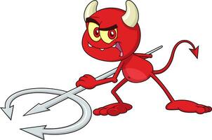 Little Red Devil Cartoon Character With Pitchfork. Vector Hand Drawn Illustration