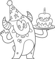 Outlined Funny Monster Cartoon Character Wearing A Party Hat And Holding A Birthday Cake. Vector Hand Drawn Illustration