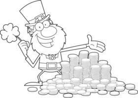 Outlined Smiling Leprechaun Cartoon Character With Shamrock And Pile Of Gold Coins vector