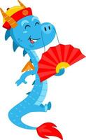 Cute Chinese Dragon Cartoon Character Holding A Fan. Vector Illustration Flat Design