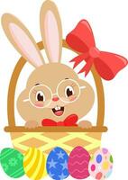 Cute Bunny Rabbit Cartoon Character In The Easter Basket With Eggs. Vector Illustration Flat Design