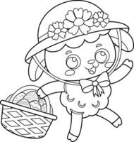 Outlined Cute Little Sheep Cartoon Character Running With Easter Eggs Basket. Vector Hand Drawn Illustration
