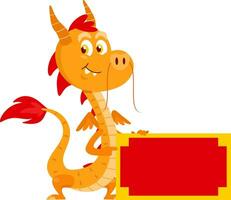 Cute Chinese Dragon Cartoon Character Pointing To Blank Sign. Vector Illustration Flat Design