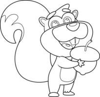 Outlined Cute Squirrel Cartoon Character Holding A Acorn. Vector Hand Drawn Illustration