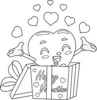 Outlined Cute Heart Retro Cartoon Character Exit From Gift Box. Vector Hand Drawn Illustration