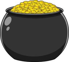 Cartoon St. Patrick Day Pot Full Of Gold Coins. Vector Hand Drawn Illustration