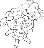 Outlined Cute Little Sheep Cartoon Character Walking And Holding A Flower. Vector Hand Drawn Illustration