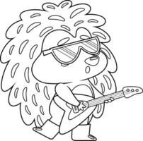 Outlined Cute Hedgehog Cartoon Character Plays Electric Guitar. Vector Hand Drawn Illustration