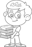 Outlined Cute School Boy Cartoon Character Holding Stack Of Textbooks. Vector Hand Drawn Illustration