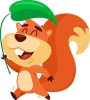 Happy Squirrel Cartoon Character Running Holds A Plant Leaf. Vector Illustration Flat Design