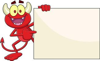 Happy Little Red Devil Cartoon Character Pointing To Blank Sign. Vector Hand Drawn Illustration