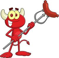 Cute Little Red Devil Cartoon Character With Grilled Sausages In Pitchfork. Vector Hand Drawn Illustration