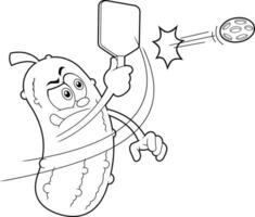 Outlined Funny Pickle Cartoon Character Hits A Pickleball Shot. Vector Hand Drawn Illustration