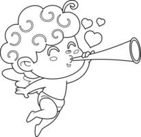 Outlined Cute Cupid Angel Cartoon Character Playing Pipe Vector Hand Drawn Illustration
