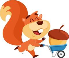 Cute Squirrel Cartoon Character Running With A Cart With A Big Acorn. Vector Illustration Flat Design