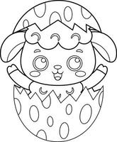 Outlined Surprise Cute Little Sheep Cartoon Character Out Of An Egg Shell. Vector Hand Drawn Illustration