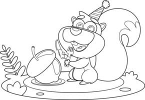 Outlined Cute Squirrel Cartoon Character Is Looking At A Birthday Acorn With A Fork And Knife vector