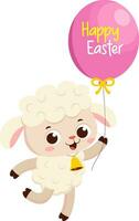 Cute Little Sheep Cartoon Character Holding Balloon With Text Happy Easter. Vector Illustration Flat Design