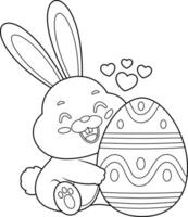 Outlined Cute Bunny Rabbit Cartoon Character Hugging A Colorful Easter Egg. Vector Hand Drawn Illustration