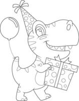 Outlined Funny Birthday Dinosaur Cartoon Character With A Party Hat Holding A Gift Box. Vector Hand Drawn Illustration