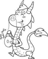 Outlined Cute Chinese Dragon Cartoon Character Walking With A Drum. Vector Hand Drawn Illustration